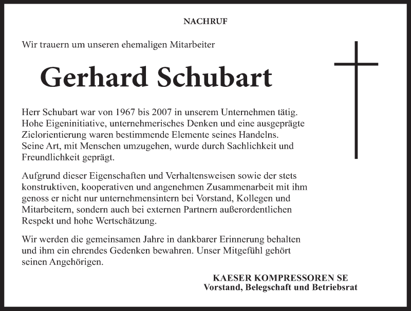  Traueranzeige für Gerhard Schubart vom 12.10.2018 aus MGO