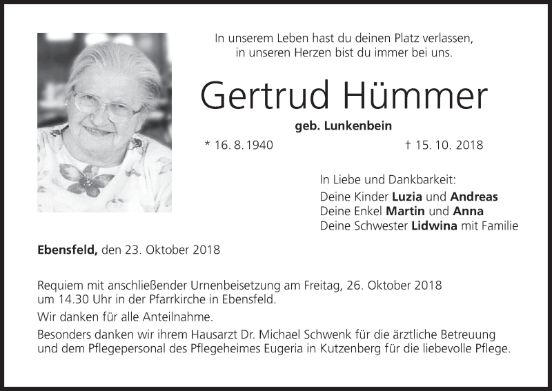  Traueranzeige für Gertrud Hümmer vom 23.10.2018 aus MGO