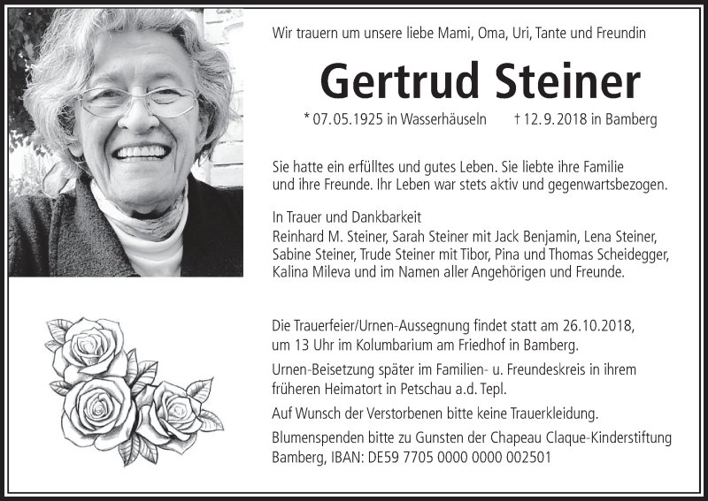  Traueranzeige für Gertrud Steiner vom 11.10.2018 aus MGO