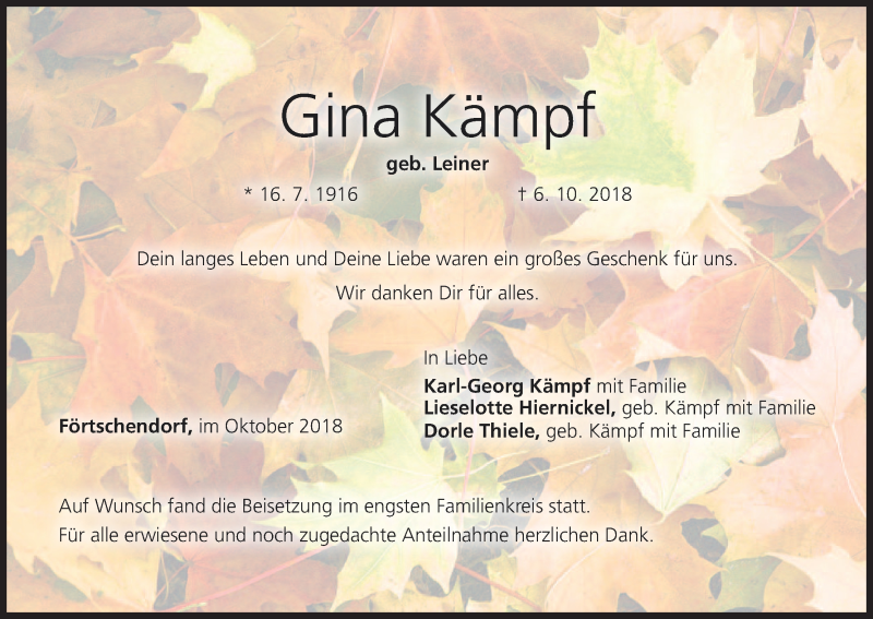  Traueranzeige für Gina Kämpf vom 17.10.2018 aus MGO