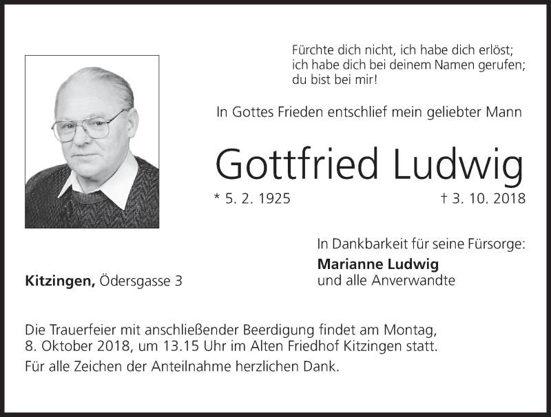  Traueranzeige für Gottfried Ludwig vom 06.10.2018 aus MGO