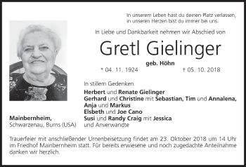 Anzeige von Gretl Gielinger von MGO