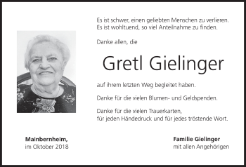 Anzeige von Gretl Gielinger von MGO