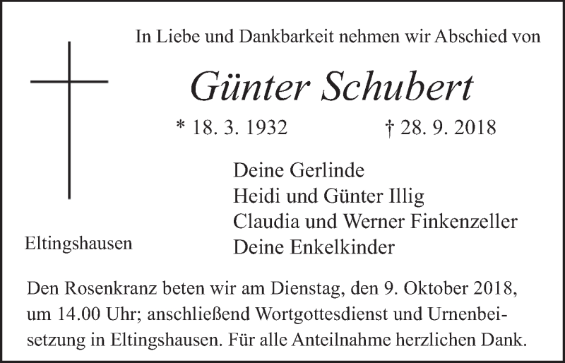  Traueranzeige für Günter Schubert vom 05.10.2018 aus MGO