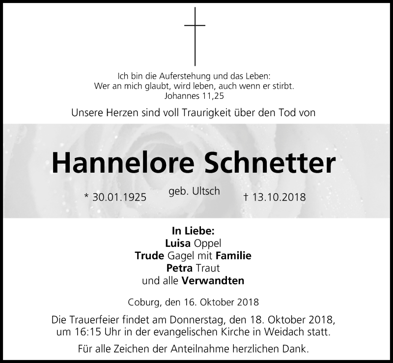  Traueranzeige für Hannelore Schnetter vom 17.10.2018 aus MGO