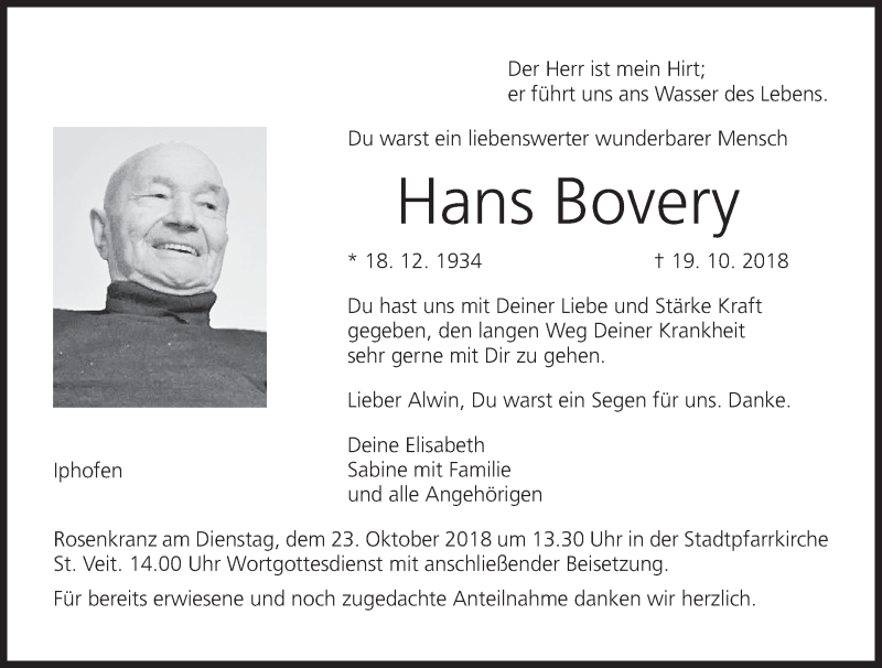  Traueranzeige für Hans Bovery vom 22.10.2018 aus MGO