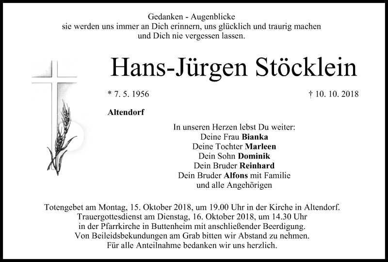  Traueranzeige für Hans-Jürgen Stöcklein vom 13.10.2018 aus MGO