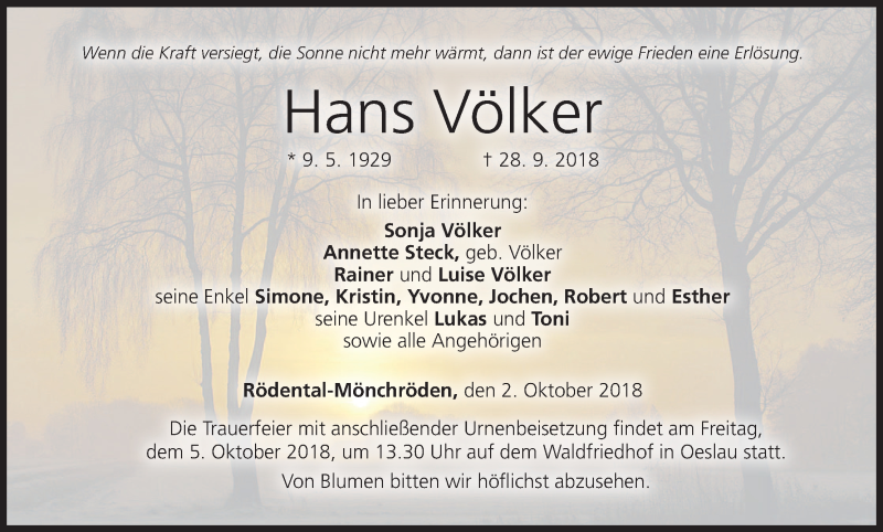  Traueranzeige für Hans Völker vom 02.10.2018 aus MGO