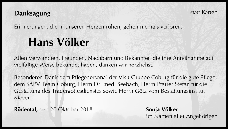  Traueranzeige für Hans Völker vom 20.10.2018 aus MGO