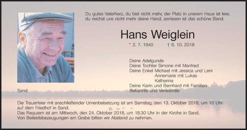  Traueranzeige für Hans Weiglein vom 11.10.2018 aus MGO