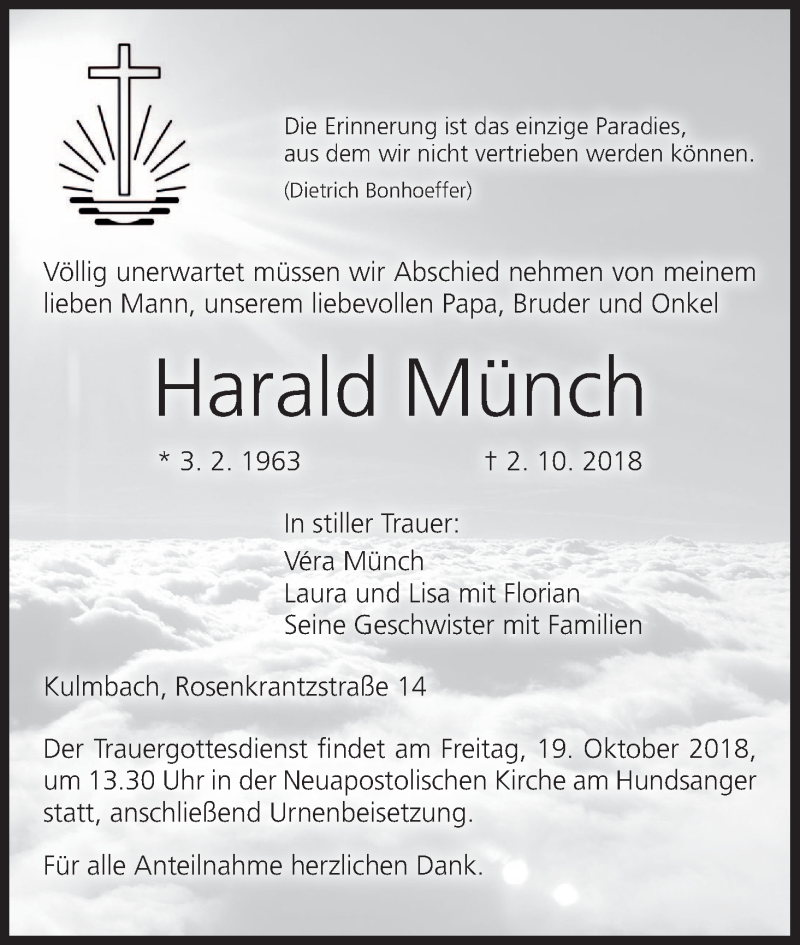  Traueranzeige für Harald Münch vom 17.10.2018 aus MGO
