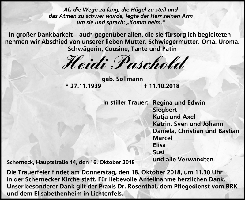  Traueranzeige für Heidi Paschold vom 16.10.2018 aus MGO