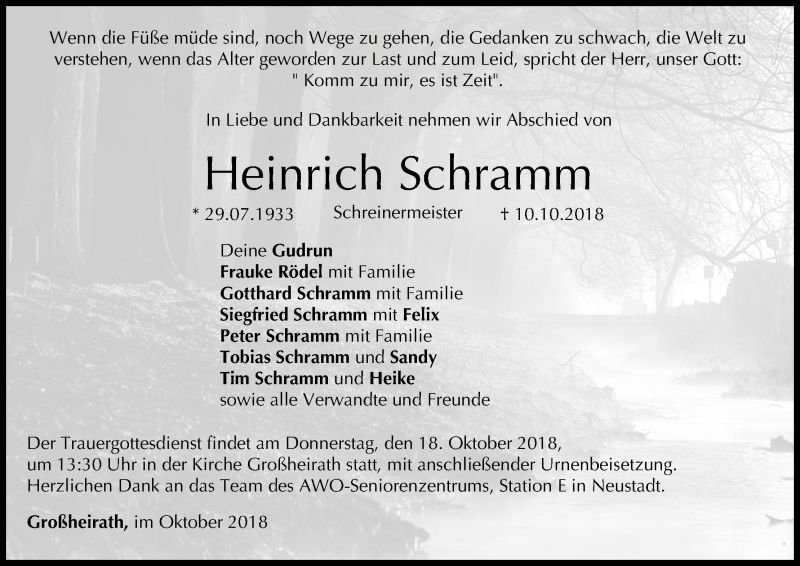  Traueranzeige für Heinrich Schramm vom 15.10.2018 aus MGO