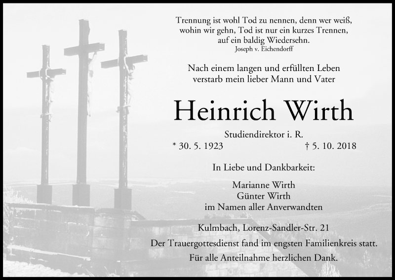  Traueranzeige für Heinrich Wirth vom 10.10.2018 aus MGO