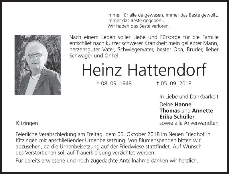  Traueranzeige für Heinz Hattendorf vom 01.10.2018 aus MGO