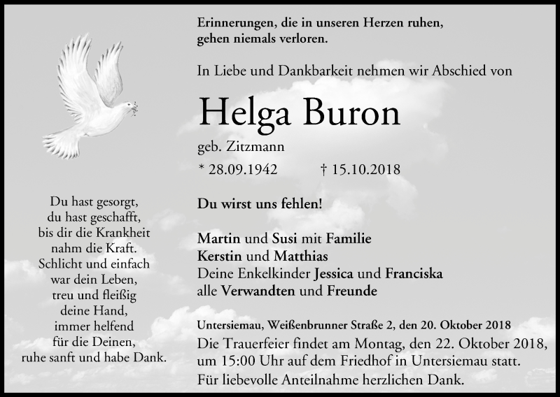  Traueranzeige für Helga Buron vom 20.10.2018 aus MGO