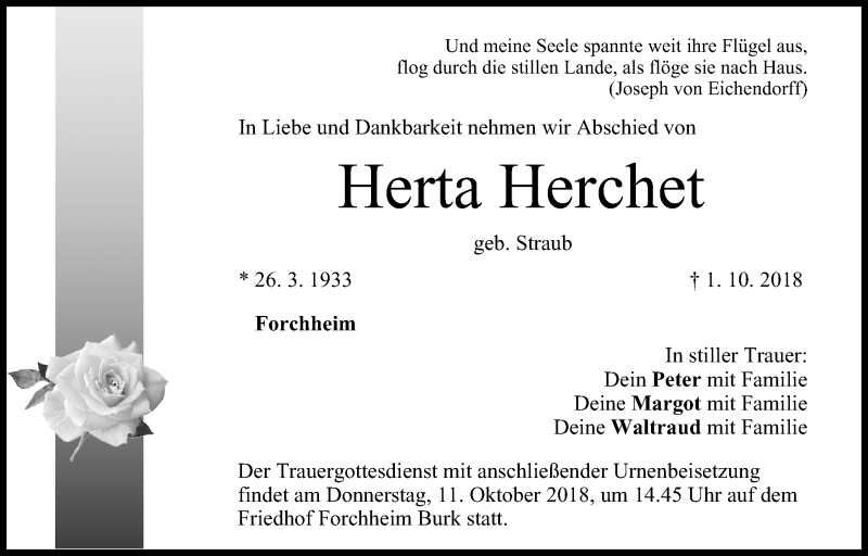  Traueranzeige für Herta Herchet vom 06.10.2018 aus MGO