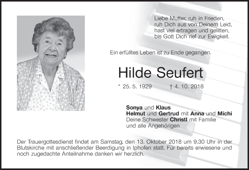  Traueranzeige für Hilde Seufert vom 08.10.2018 aus MGO