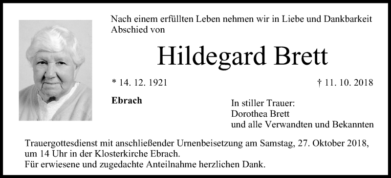  Traueranzeige für Hildegard Brett vom 24.10.2018 aus MGO