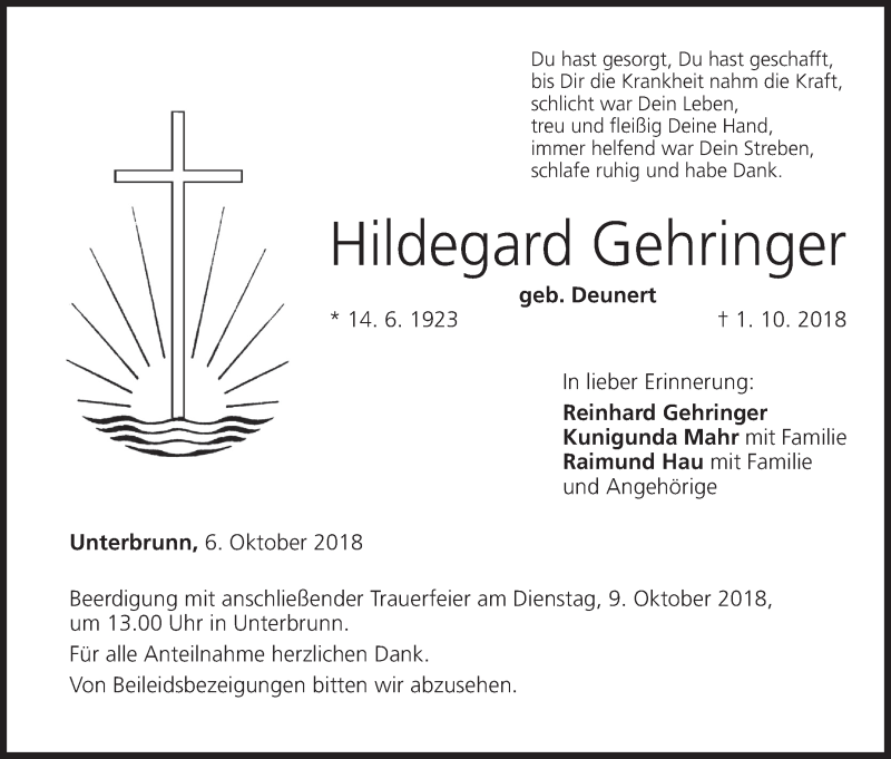  Traueranzeige für Hildegard Gehringer vom 06.10.2018 aus MGO