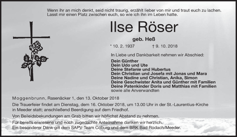 Traueranzeige für Ilse Röser vom 13.10.2018 aus MGO