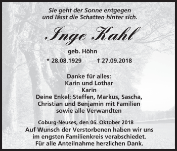 Anzeige von Inge Kahl von MGO