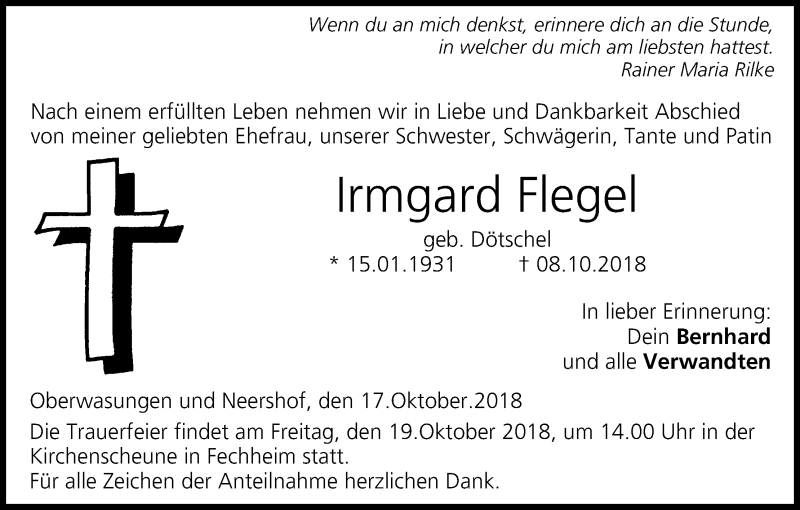  Traueranzeige für Irmgard Flegel vom 17.10.2018 aus MGO