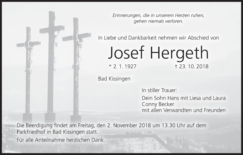  Traueranzeige für Josef Hergeth vom 27.10.2018 aus MGO