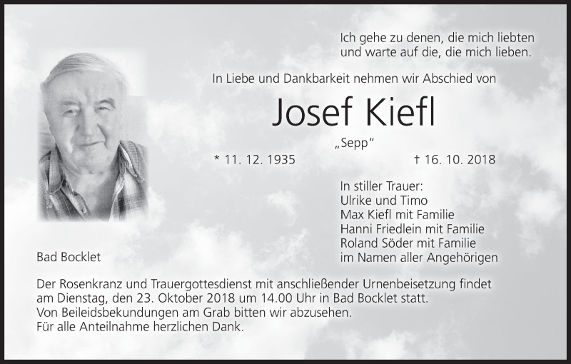  Traueranzeige für Josef Kiefl vom 20.10.2018 aus MGO