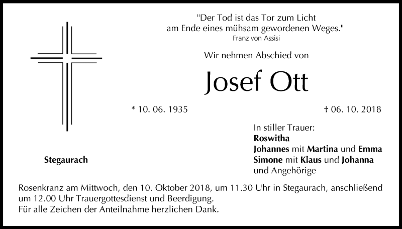  Traueranzeige für Josef Ott vom 09.10.2018 aus MGO