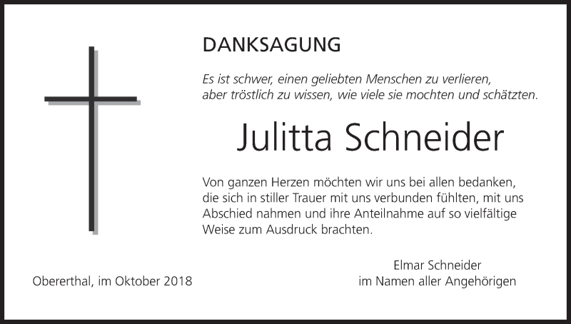  Traueranzeige für Julitta Schneider vom 27.10.2018 aus MGO