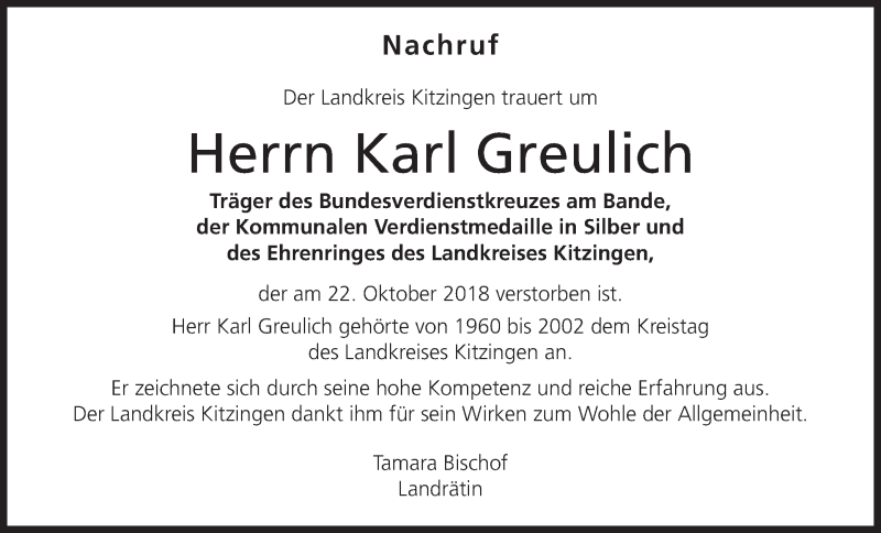  Traueranzeige für Karl Greulich vom 27.10.2018 aus MGO