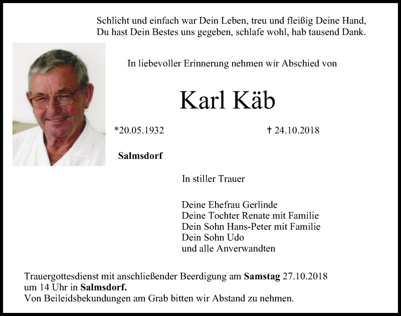  Traueranzeige für Karl Käb vom 26.10.2018 aus MGO