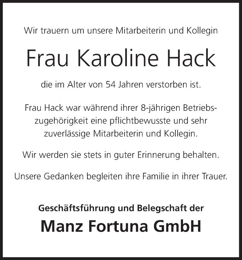  Traueranzeige für Karoline Hack vom 31.10.2018 aus MGO