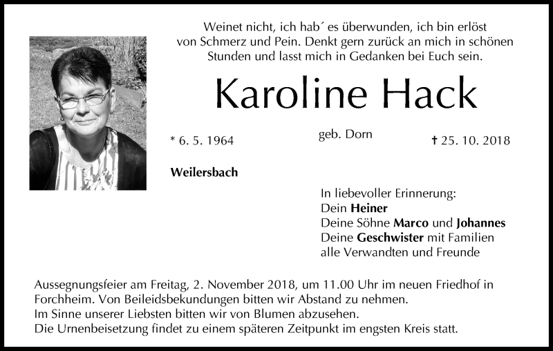  Traueranzeige für Karoline Hack vom 30.10.2018 aus MGO