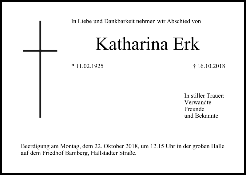  Traueranzeige für Katharina Erk vom 20.10.2018 aus MGO