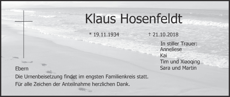  Traueranzeige für Klaus Hosenfeldt vom 27.10.2018 aus MGO