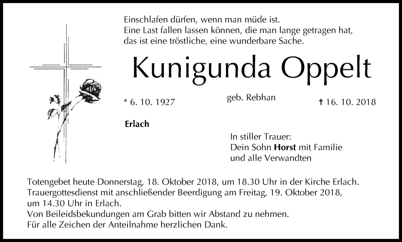  Traueranzeige für Kunigunda Oppelt vom 18.10.2018 aus MGO