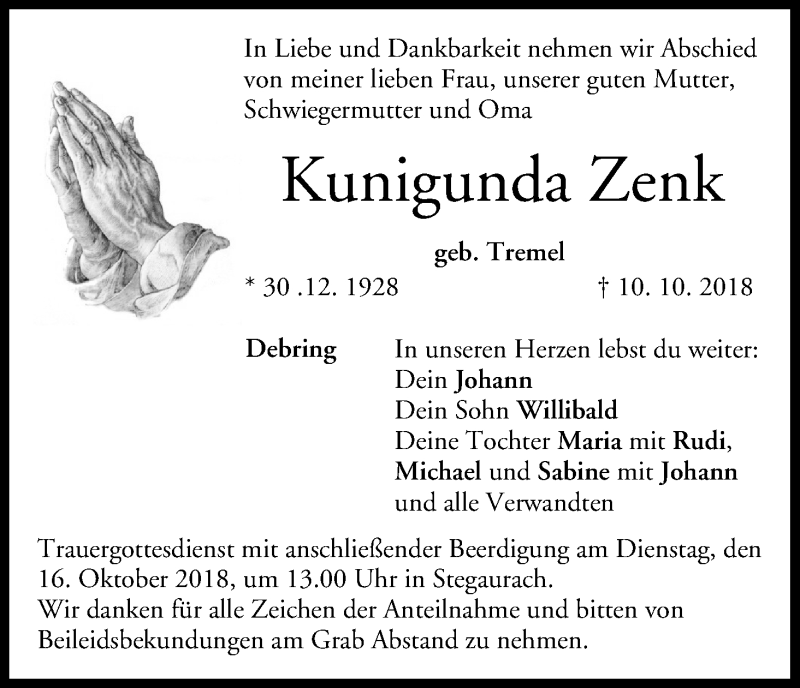 Traueranzeige für Kunigunda Zenk vom 13.10.2018 aus MGO