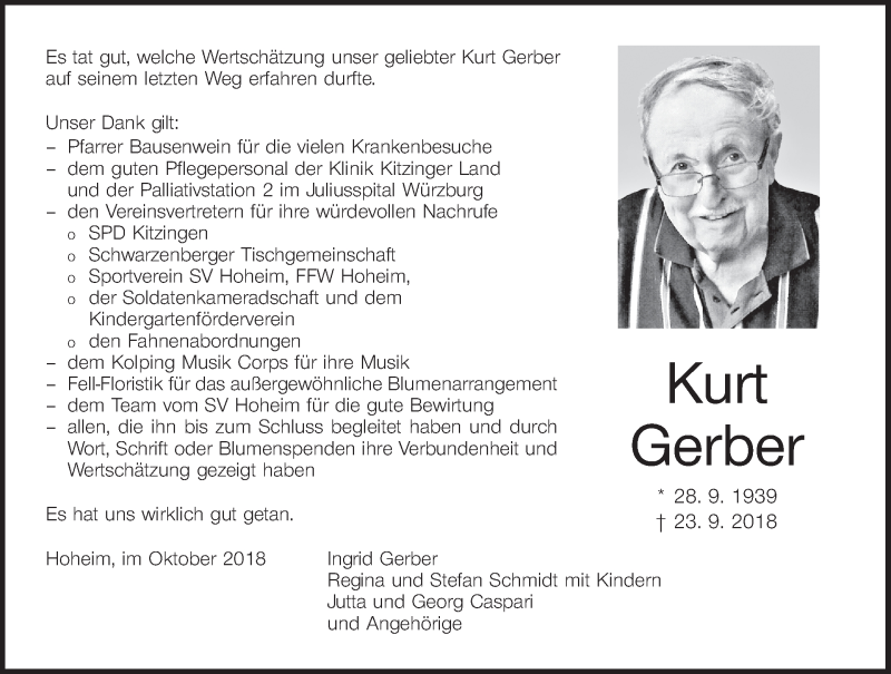  Traueranzeige für Kurt Gerber vom 27.10.2018 aus MGO
