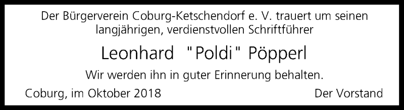  Traueranzeige für Leonhard Pöpperl vom 03.10.2018 aus MGO
