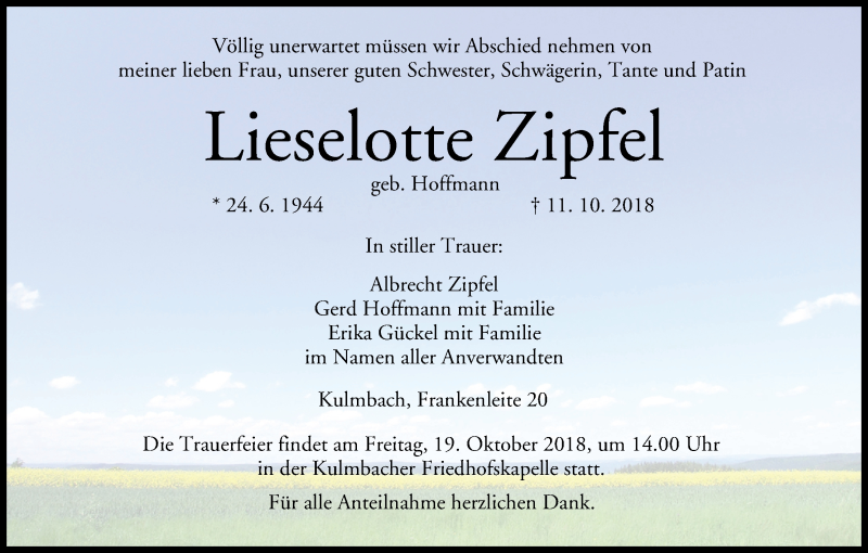  Traueranzeige für Lieselotte Zipfel vom 17.10.2018 aus MGO
