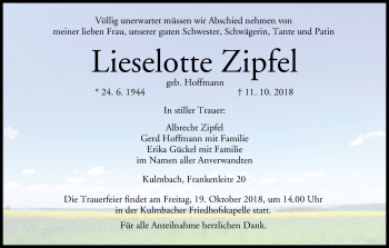 Anzeige von Lieselotte Zipfel von MGO