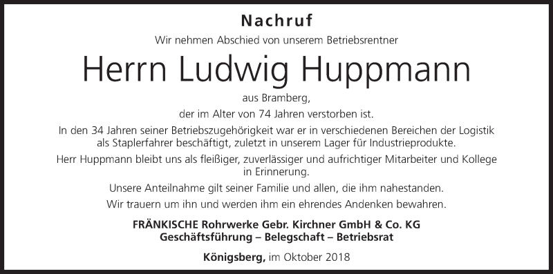  Traueranzeige für Ludwig Huppmann vom 31.10.2018 aus MGO