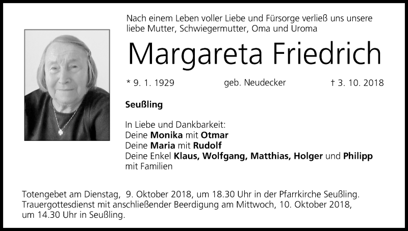  Traueranzeige für Margareta Friedrich vom 06.10.2018 aus MGO