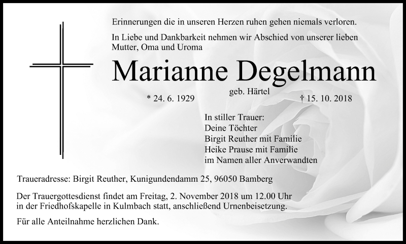  Traueranzeige für Marianne Degelmann vom 29.10.2018 aus MGO