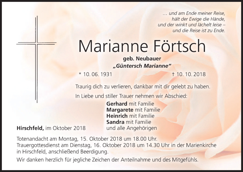  Traueranzeige für Marianne Förtsch vom 13.10.2018 aus MGO