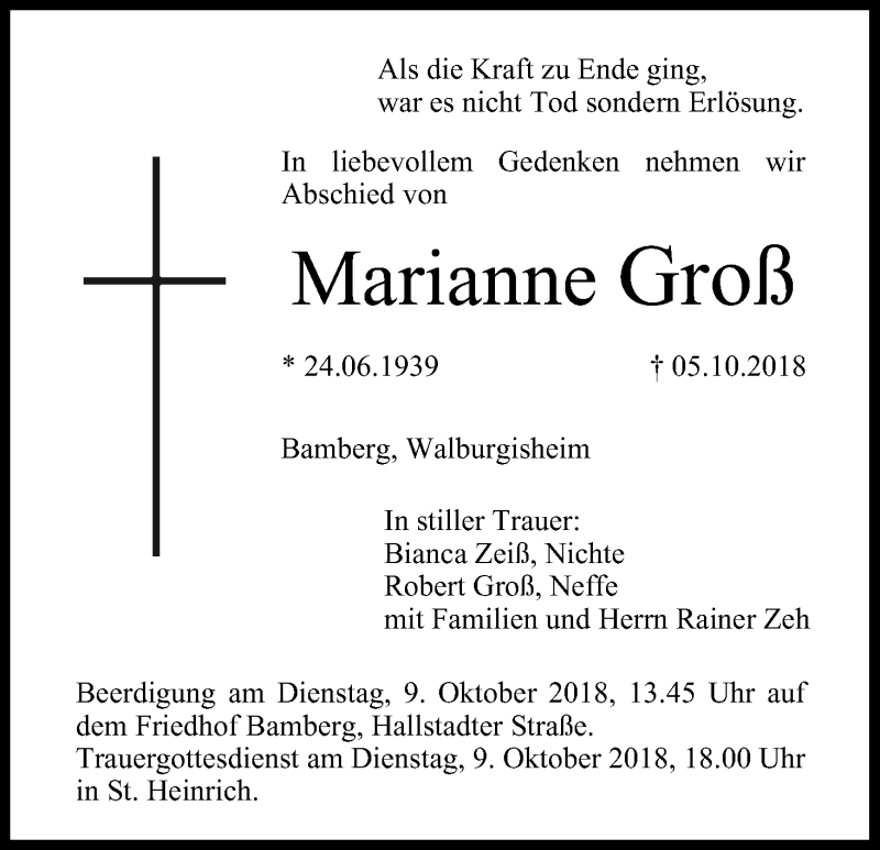  Traueranzeige für Marianne Groß vom 06.10.2018 aus MGO