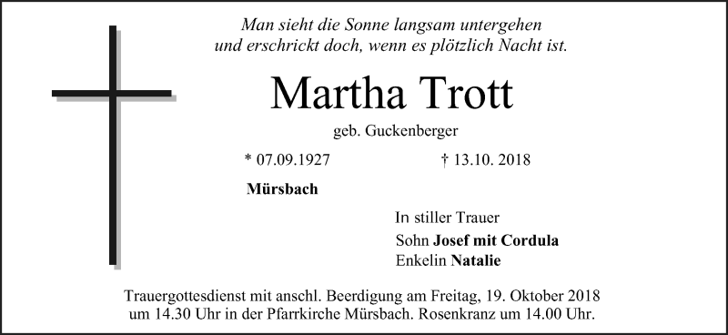  Traueranzeige für Martha Trott vom 17.10.2018 aus MGO