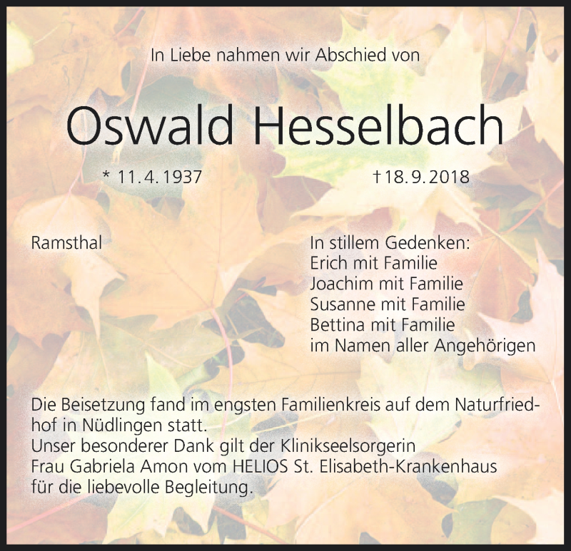  Traueranzeige für Oswald Hesselbach vom 13.10.2018 aus MGO